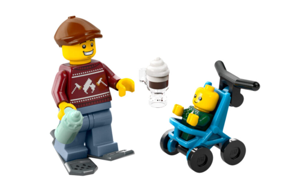 LEGO man en baby met kersttrui en kinderwagen